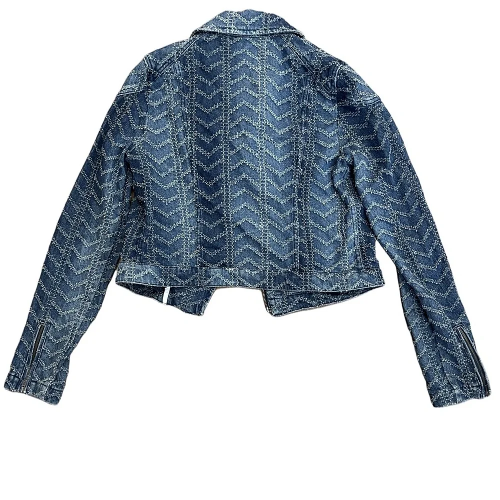 Free People Denim Moto Zip Chevron Jacket Textured Blue Size 4 - Picture 2 of 5